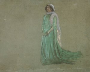 Study, woman in long green dress, pink scarf by Edwin Austin Abbey Oil Painting