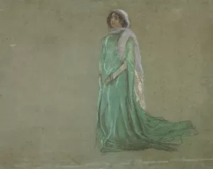Study, woman in long green dress, pink scarf by Edwin Austin Abbey Oil Painting