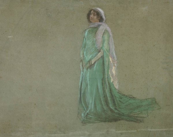 Study, woman in long green dress, pink scarf by Edwin Austin Abbey - Hand-Painted Oil Painting Reproduction
