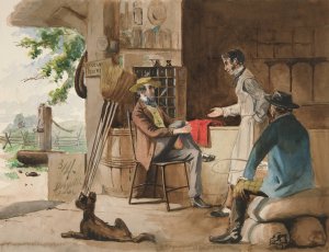 Three men in a dry-goods store - country store, Dolbyville Oil painting by Edwin Austin Abbey