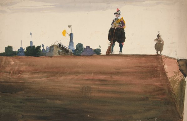 Two sentries atop a fortress wall by Edwin Austin Abbey - Hand-Painted Oil Painting Reproduction