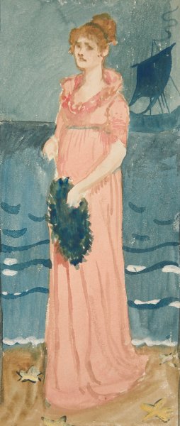 Unidentified illustration of woman on a beach, ship in distance by Edwin Austin Abbey Oil Painting