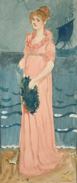 Unidentified illustration of woman on a beach, ship in distance by Edwin Austin Abbey Oil Painting