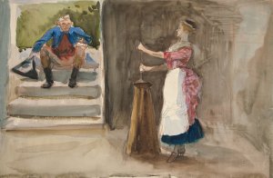 Woman churning butter, man in Revolutionary dress watching by Edwin Austin Abbey Oil Painting