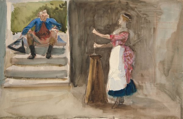 Woman churning butter, man in Revolutionary dress watching by Edwin Austin Abbey - Hand-Painted Oil Painting Reproduction