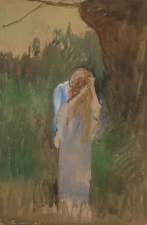 Woman in landcape, combing her long, blond hair by Edwin Austin Abbey Oil Painting