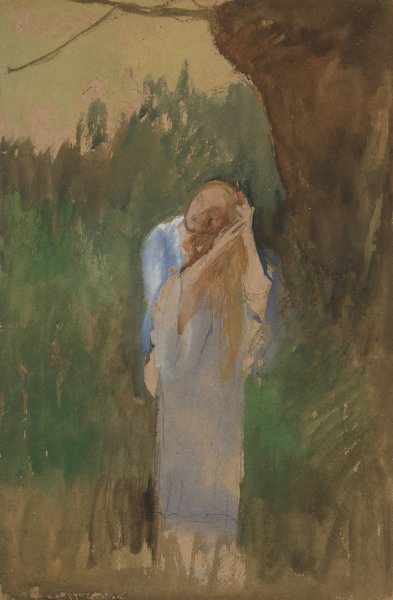 Woman in landcape, combing her long, blond hair by Edwin Austin Abbey - Hand-Painted Oil Painting Reproduction