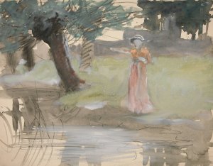 Woman standing by a riverbank by Edwin Austin Abbey Oil Painting