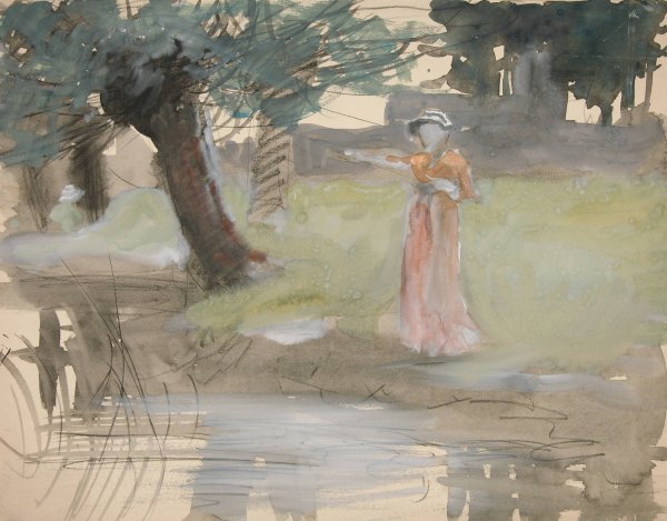 Woman standing by a riverbank by Edwin Austin Abbey - Hand-Painted Oil Painting Reproduction