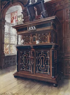 A cabinet of oak and walnut, with ebony panels and columns, inlaid with rosewood and ivory engraved by Edwin Foley Oil Painting