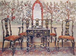 Black lacquer settee, chairs and table, red lacquer mirror by Edwin Foley Oil Painting