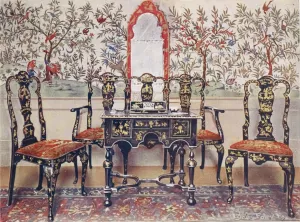 Black lacquer settee, chairs and table, red lacquer mirror by Edwin Foley Oil Painting