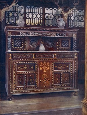 Carved and inlaid oak court cupboard by Edwin Foley Oil Painting