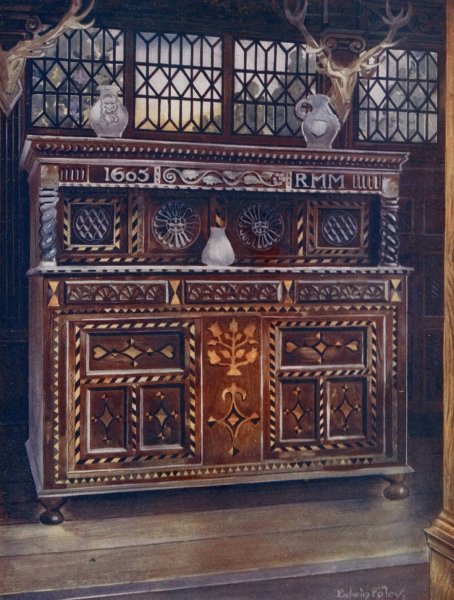 Carved and inlaid oak court cupboard  by Edwin Foley - Hand-Painted Oil Painting Reproduction