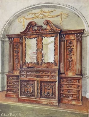 Carved enclosed mahogany bookcase-style of Chippendale by Edwin Foley Oil Painting