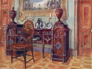 Carved mahogany pedestal sideboard, Oval wheel-back master's chair by Edwin Foley Oil Painting