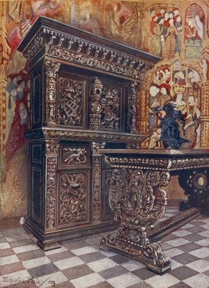 Carved oak armoire, Carved oak table by Edwin Foley Oil Painting