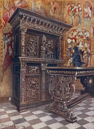 Carved oak armoire, Carved oak table by Edwin Foley Oil Painting