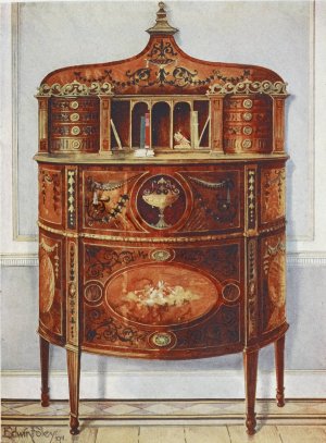 Inlaid and painted satinwood writing-desk cabinet, ormolu mounted by Edwin Foley Oil Painting