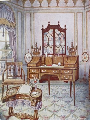 Inlaid mahogany cylinder-fall china and book case, D-shaped satinwood drawing and writing table by Edwin Foley Oil Painting