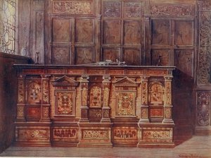 Inlaid muniment chest. Presented by Sir Hugh Offley, when Lord Mayor of London in 1556, to St. Mary Overie, now St. Saviour's, Southwark Cathedral by Edwin Foley Oil Painting