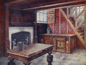 Inlaid Nonesuch Chest, Carved 'Drawing' Table, Carved Chimneypiece, Earliest English Wallpaper by Edwin Foley Oil Painting