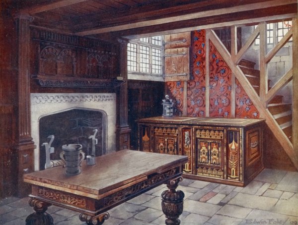 Inlaid Nonesuch Chest, Carved 'Drawing' Table, Carved Chimneypiece, Earliest English Wallpaper  by Edwin Foley - Hand-Painted Oil Painting Reproduction