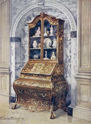 Inlaid walnut bombe bureau-cabinet by Edwin Foley Oil Painting