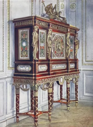 Jewel cabinet of Queen Marie Antoinette, of mahogany, gilt, inlaid, carved, and with painted plaques by Edwin Foley Oil Painting