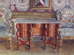 Kneehole writing table in red tortoiseshell. Lacquer steel top. Boulle. Gilt fauteuils, upholstered in tapestry by Edwin Foley Oil Painting