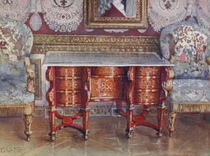 Kneehole writing table in red tortoiseshell. Lacquer steel top. Boulle. Gilt fauteuils, upholstered in tapestry by Edwin Foley Oil Painting