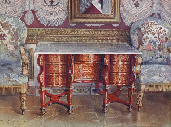 Kneehole writing table in red tortoiseshell. Lacquer steel top. Boulle. Gilt fauteuils, upholstered in tapestry  by Edwin Foley - Hand-Painted Oil Painting Reproduction