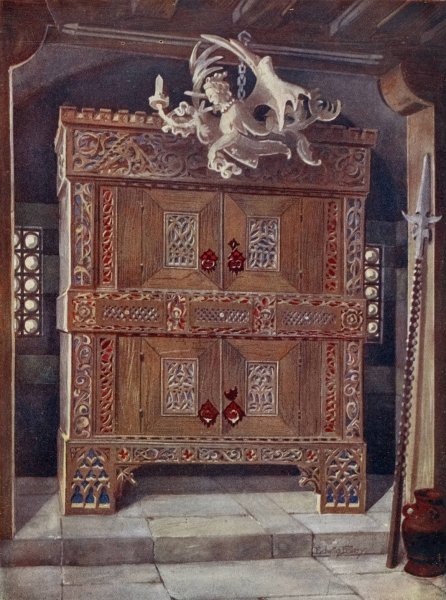 Main Product Photo of Late Gothic schrank. In the Bavarian Museum, Munich, with hanging light  Painting by Edwin Foley