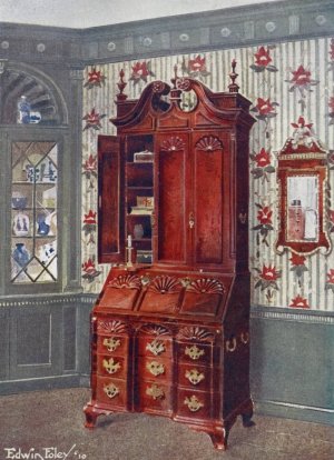 Mahogany cabinet-topped block-front scrutoir, Mahogany and gilt constitution mirror by Edwin Foley Oil Painting