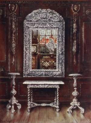 Mirror, gueridons, and table overlaid with silver plaques by Edwin Foley Oil Painting