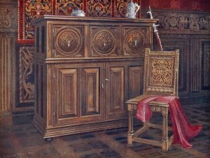 Oak cabinet, with circular convex panels, Walnut chair by Edwin Foley Oil Painting