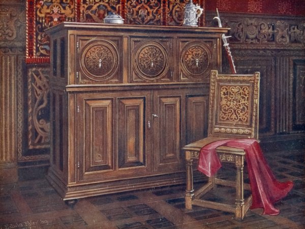 Oak cabinet, with circular convex panels, Walnut chair  by Edwin Foley - Hand-Painted Oil Painting Reproduction