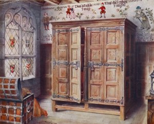 Oak press, Strangers' Hall, Norwich. Wall fresco painting, West Stowe, ca. 1550 by Edwin Foley Oil Painting