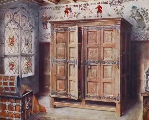 Oak press, Strangers' Hall, Norwich. Wall fresco painting, West Stowe, ca. 1550 by Edwin Foley Oil Painting