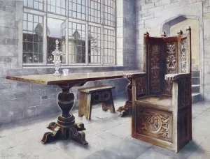 Oak trestle table, 'Mine host's' chair by Edwin Foley Oil Painting