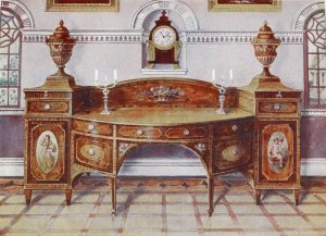 Painted and inlaid satinwood sideboard, Mahogany bracket clock by Edwin Foley Oil Painting