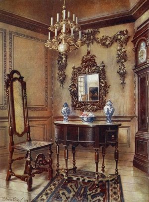 Panelling, from an old house, Mirror frame, Walnut table, walnut chair, Walnut high-case clock by Edwin Foley Oil Painting