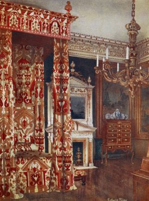Queen Anne's bed, Chest of drawers upon stand, Wooden candleabra by Edwin Foley Oil Painting
