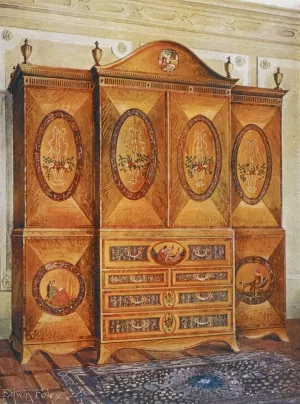 Satinwood wardrobe, inlaid with tulipwood, harewood, holly, ebony, mahogany, and other woods by Edwin Foley Oil Painting