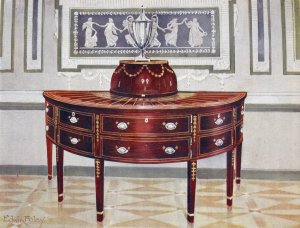 Semi-circular mahogany sideboard and knife-box. Inlaid and banded with satinwood, mahogany, and ebony by Edwin Foley Oil Painting