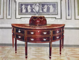 Semi-circular mahogany sideboard and knife-box. Inlaid and banded with satinwood, mahogany, and ebony by Edwin Foley Oil Painting