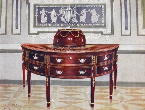 Main Product Photo of Semi-circular mahogany sideboard and knife-box. Inlaid and banded with satinwood, mahogany, and ebony  Painting by Edwin Foley