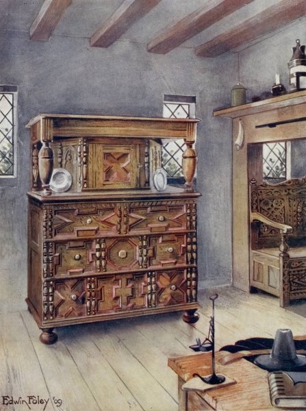 Main Product Photo of The Putnam cupboard of English oak and cedar, Carved settle of American Oak  Painting by Edwin Foley