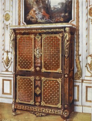 Upright secretaire in parqueterie of various woods, with ormolu-mounted rosettes, etc by Edwin Foley Oil Painting