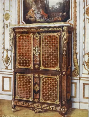 Upright secretaire in parqueterie of various woods, with ormolu-mounted rosettes, etc by Edwin Foley Oil Painting